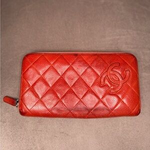 Orange Quilted Chanel Long Zippy Wallet